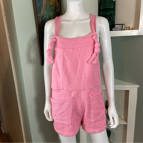 BUCKETLIST Pink French Terry Cloth Romper Playsuit Shorts Pockets Large L - Picture 2 of 15